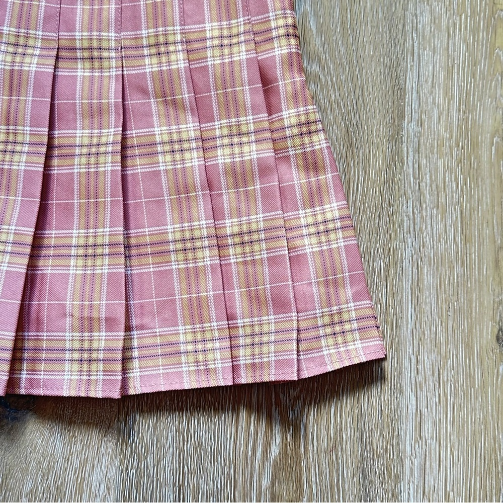 Plaid Pink Yellow Pleated Skirt Built In Shorts Skort Retro Schoolgirl Academia - Picture 2 of 11
